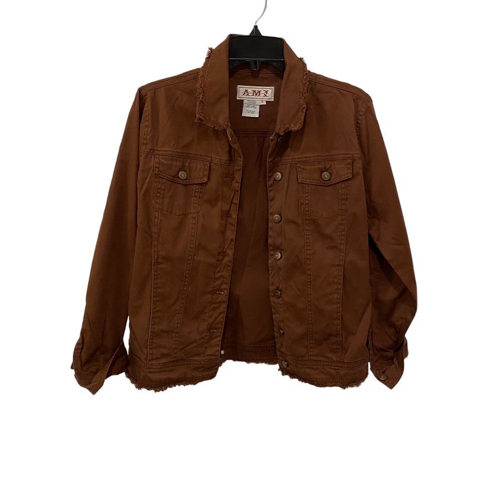 AMX Brown Denim Jacket Frayed Raw Hem Distressed Button Up Shacket Small